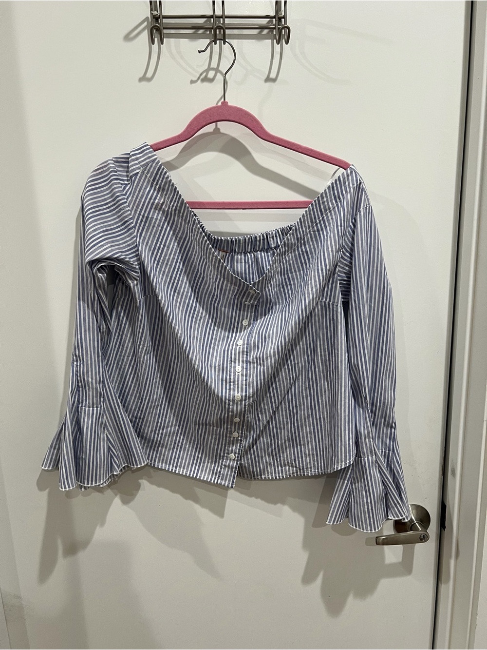 Free People Blue and White Striped Off-Shoulder Button Blouse